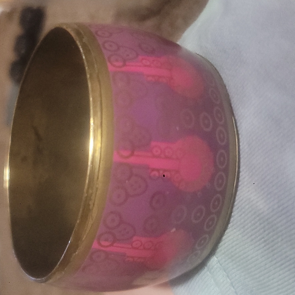 Vintage Runway Wide Pink and Purple Floral Enamel and Brass Bangle Bracelet